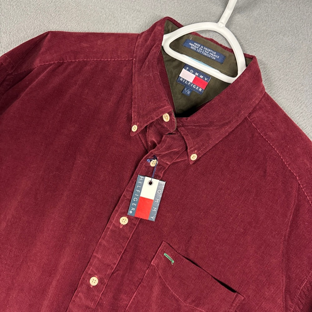 Tommy Hilfiger Corduroy Shirt Mens Large Red Purple Classic Long Sleeve NWT VTG